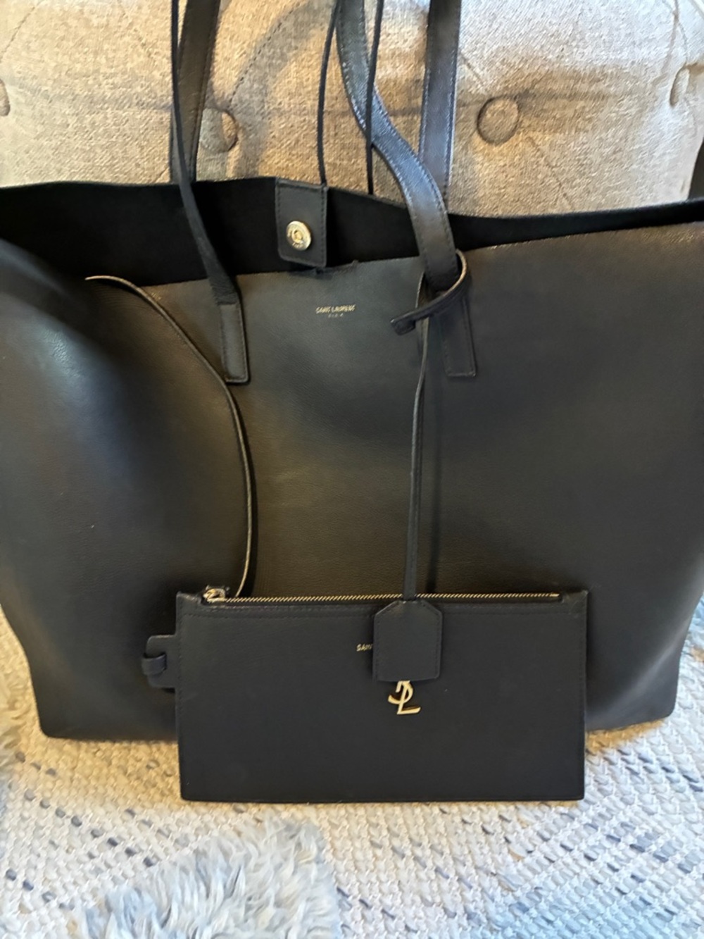 Yves Saint Laurent Black Leather Tote with Removable Pouch
